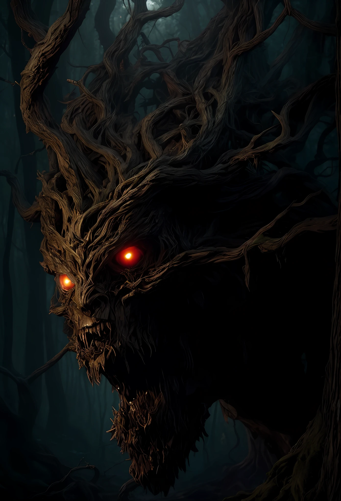 A closeup of a creepy-looking creature in a forest, Mas, Vecna de Stranger Things, treebeard, of an evil tree wizard, criatura sinistra escondendo detalhado, Ent Treant Dryad, arte de terror 4k detalhada, Arte digital escura, mas detalhada, Grande, Deus da Floresta, the trees are angry, numa floresta feita de pesadelos