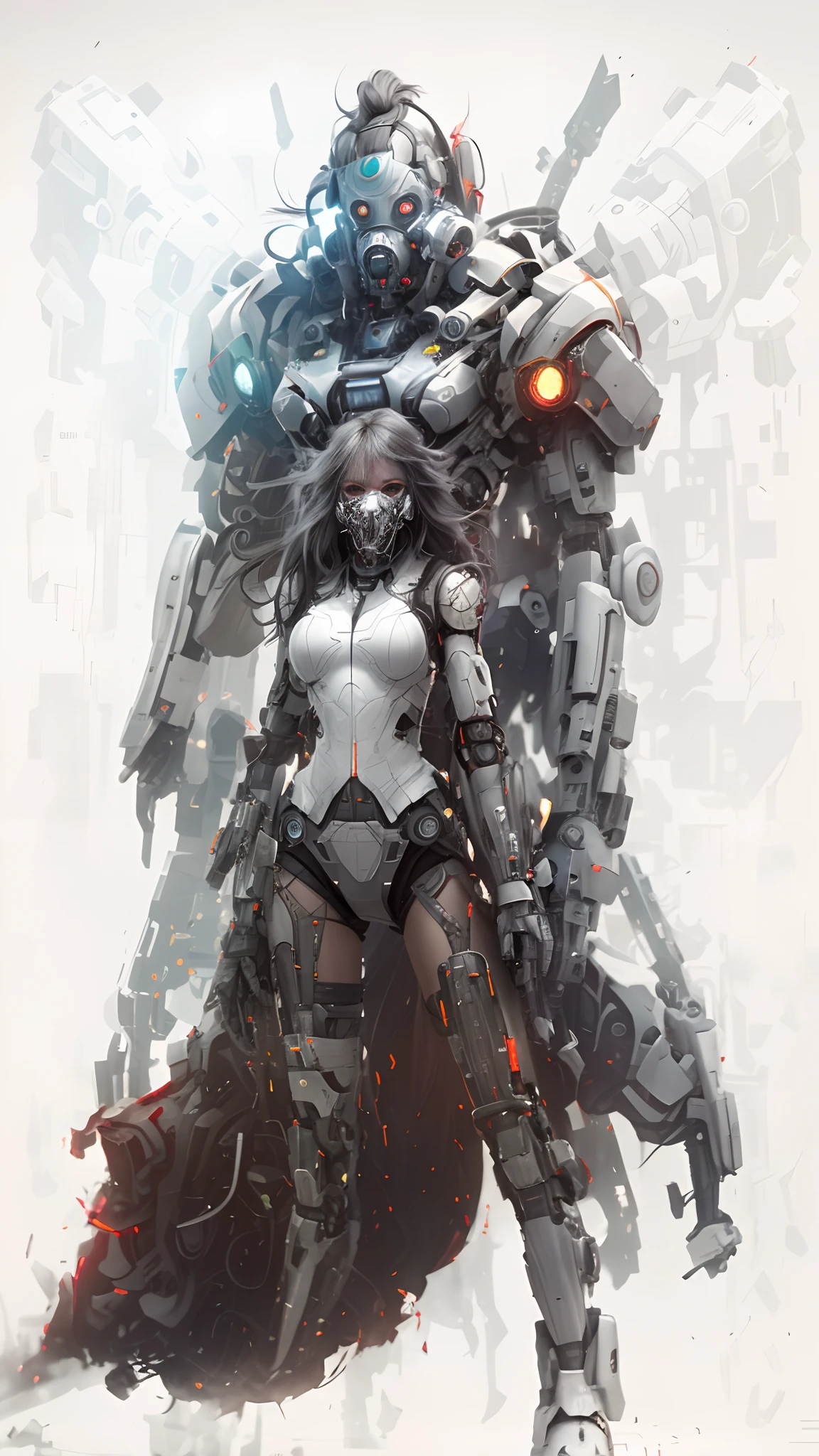 This is a hyper-detail、High resolution and top quality CG Unity 8k wallpaper,The style is cyberpunk,Mainly black and red。A beautiful girl with long white hair appears in the picture,s delicate face,Wearing a steam mech mask,standing on ruins,Behind him is a huge robot,The action of a woman holding a heavy sniper rifle in her hand,