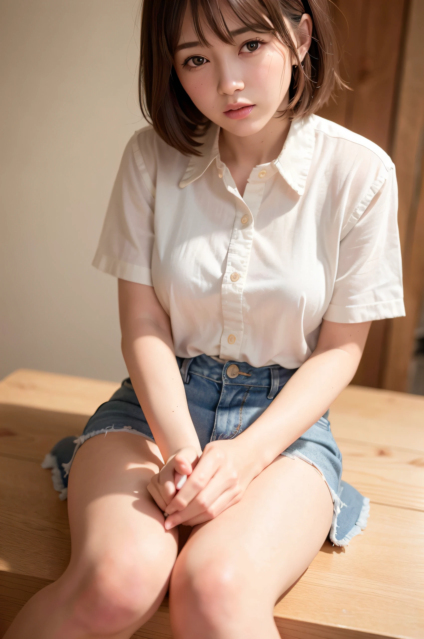 ((Are standing)) , (Hands on knees) , Leaning forward , masterpiece , Highest quality , Very detailed , (15-year-old female)、Blonde、Short Hair、Earrings