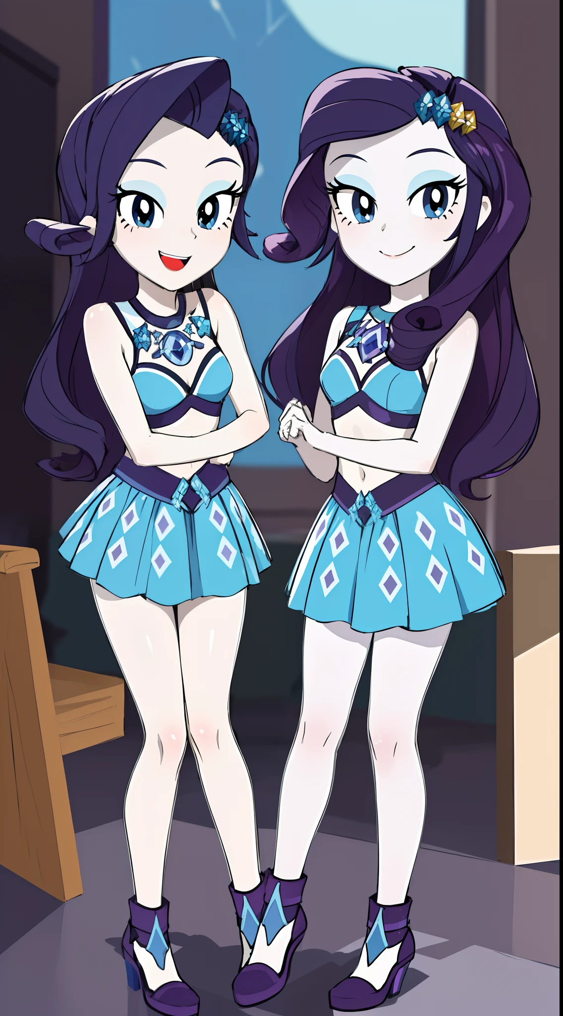 masterpiece,best quality,3girls,trio,mlprarity,colored skin,hair ornament,purple hair,blue eyes, full body, smile, triplets, clones, trio pose
