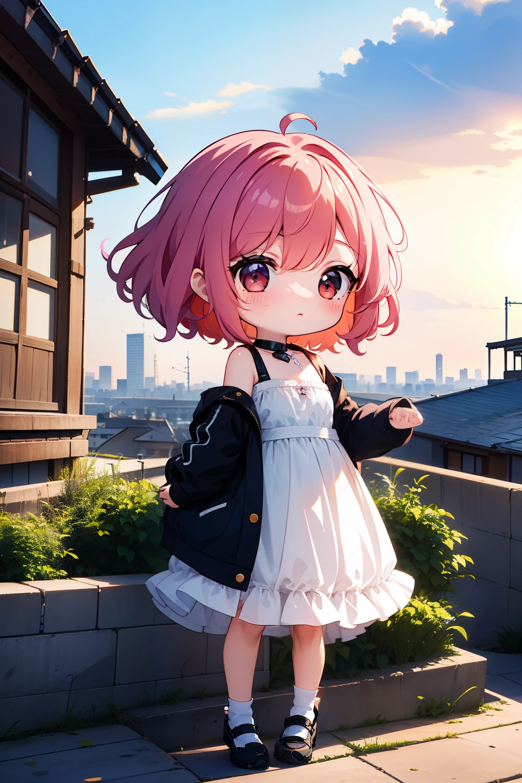 ((Best quality)), ((Masterpiece)),1 girl, animemanga girl,Q version characters,Infant body type,Very short in height,On the rooftop,looking over city