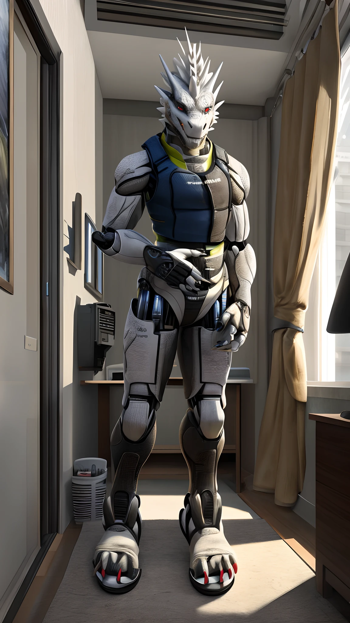 Bionic robot dragon，female，Gilet blanc，white  panties，slippers，Install the controlled chip in the apartment，HD graphics，Detailed and realistic，high detal，high qulity，photo-realistic，photorealistic eye，Detailed paws，Clear eyes，Masterpiece artwork