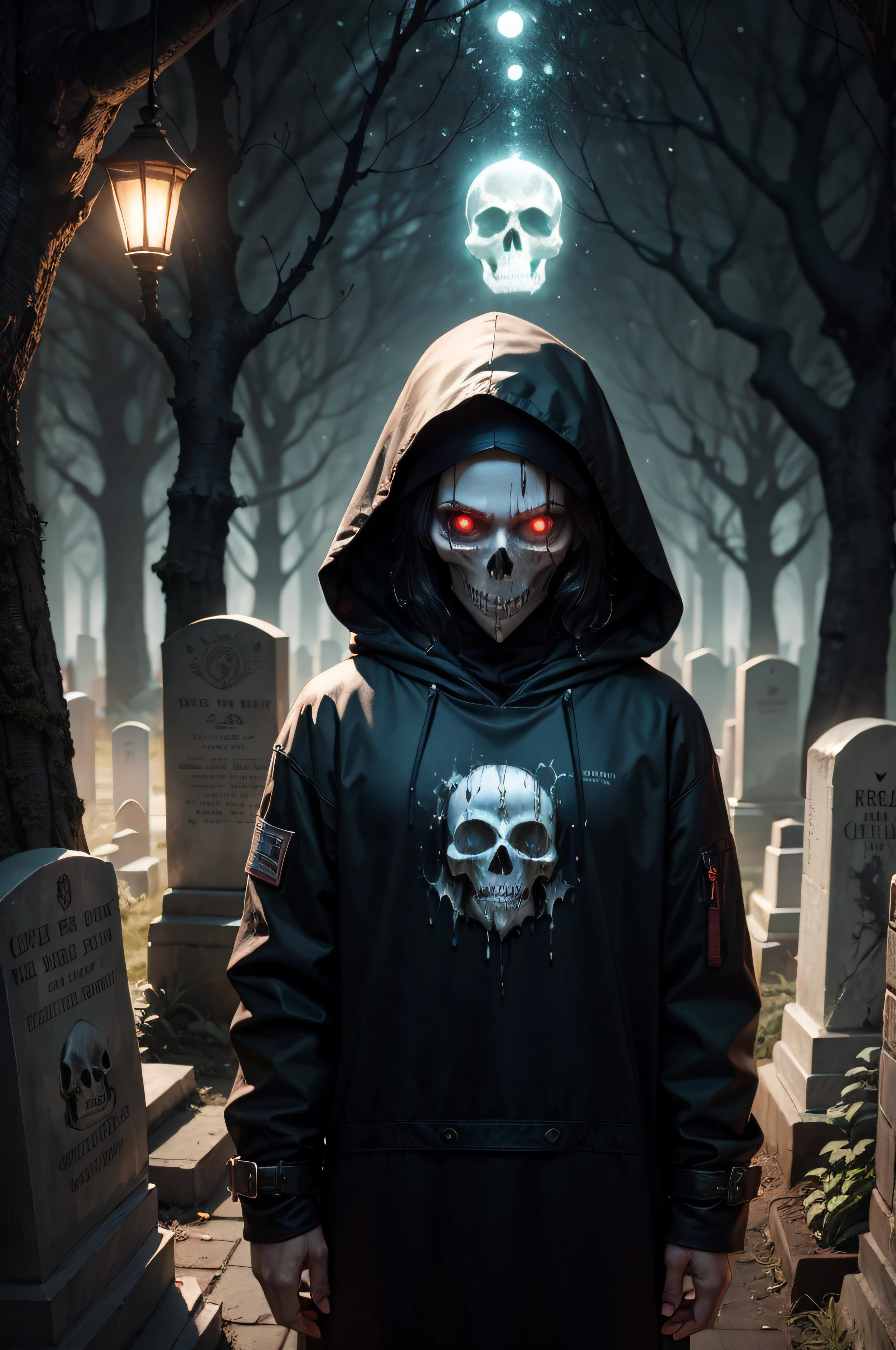 design de camisetas, fundo preto, arte centrada, 2D, vetor, salpicos de cores vivas, detalhes intrincados, Necromancer-skull character in black oil coat with wet glitter-looking hood, noite de lua cheia, Meia-noite, graveyard, tombs, Dry trees, luz de aro, Vinheta de borda, Greg Rutkowski