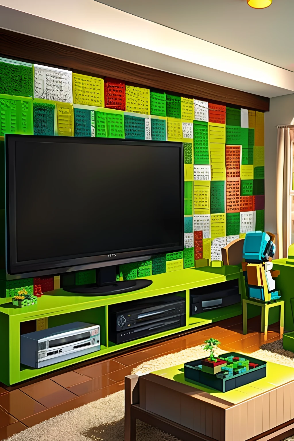 11-year-old boy playing with Lego，It's a race car，The background is the living room at home，The TV is on，Transformers are playing inside，Lots of greenery in the living room，The decoration style is rustic。