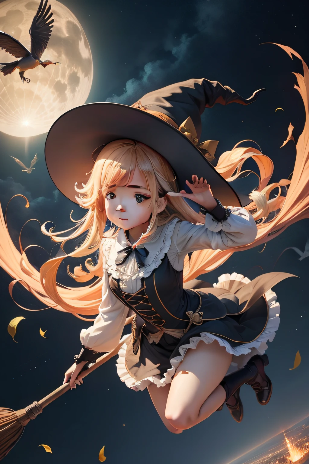 Beautiful and cute the witch flying though the air Straddling the broom Upper right animesque