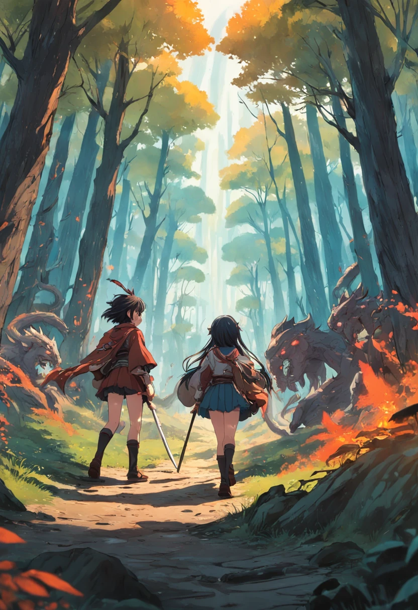 Adventurer battles beast with sword in dark forest