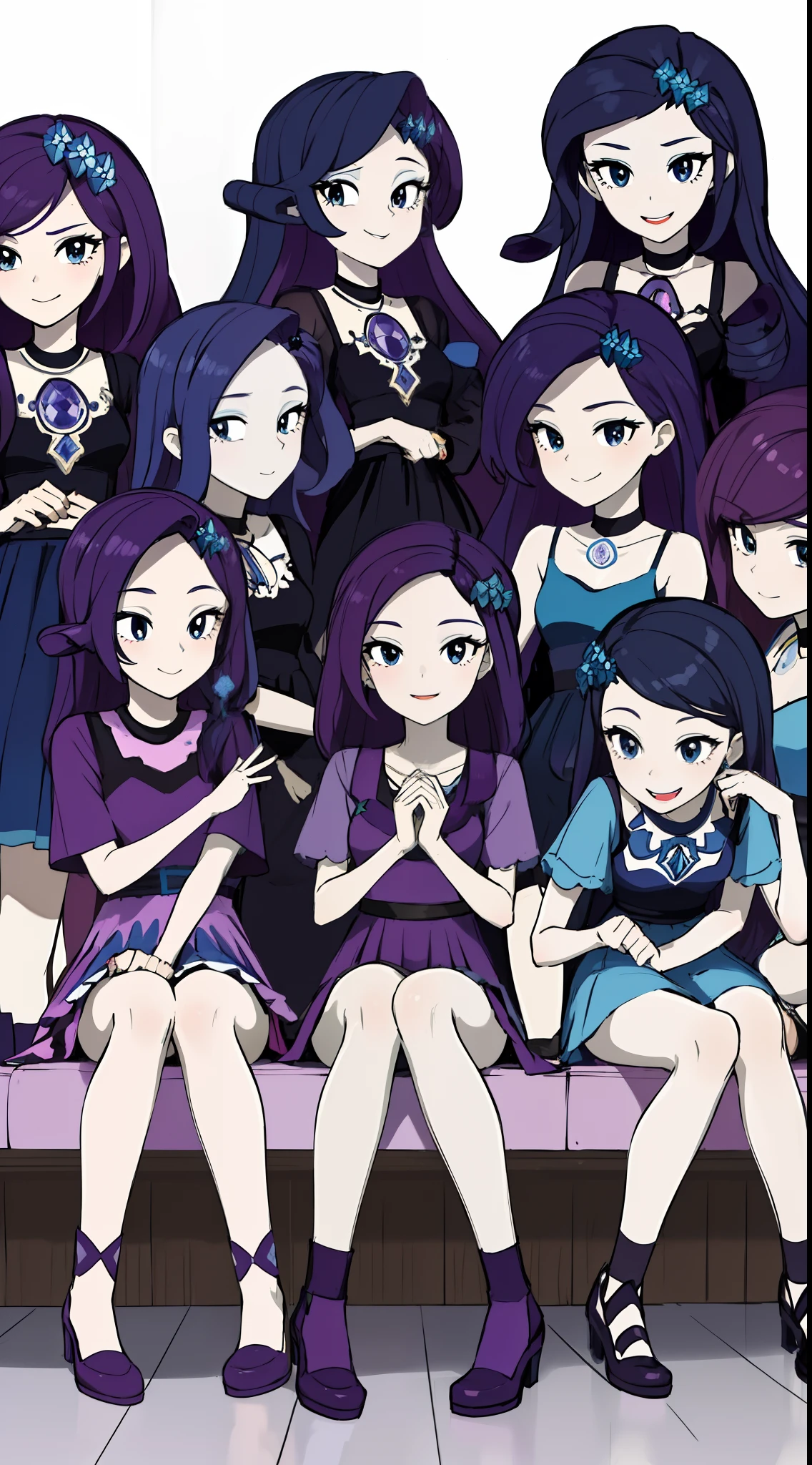 masterpiece,best quality,10girls,group,mlprarity,colored skin,hair ornament,purple hair,blue eyes, full body, smile, identical sisters, clones, group pose