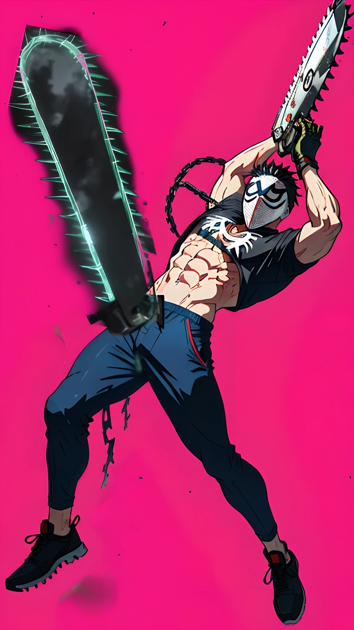 High-quality portrayal、Macho man in white Spider-Man-style mask shouts with his hands above his head、Shirtless and black T-back pants、Attached to the crotch《Chainsaw Man's》Spinning Chainsaw Blade