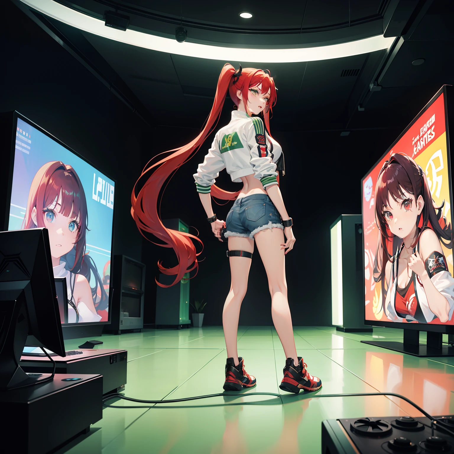 Full body shot, female asian Irina Shidou red hair twintails green eyes, in a game arcade, wearing a bomber jacket and crop top and denim shorts, playing on a playstation console on a big screen tv, side shot, back shot, shot from backside, behind shot, masterpiece, highly detailed