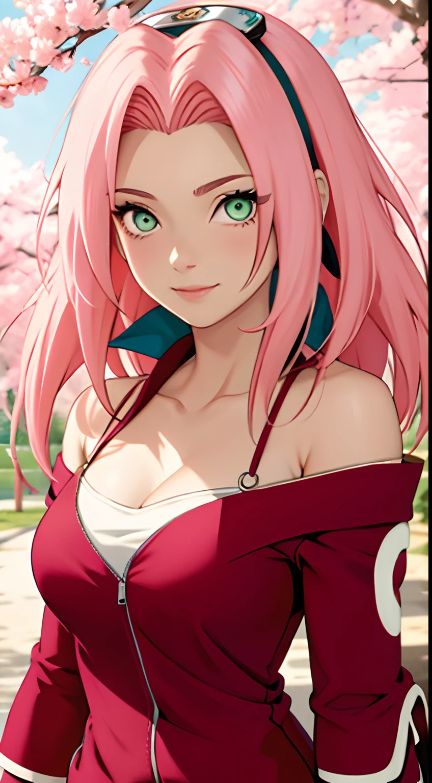 tmasterpiece， Best quality at best， 1girll， Sakura Haruno， Large breasts，Off-the-shoulder attire，（cleavage)，（upperbody closeup)，Raised sexy，is shy，ssmile，with pink hair， long whitr hair， （Green eyeballs:1.4)， Forehead protection， the cherry trees，Cherry blossoms flying，Red clothes，Zipper half