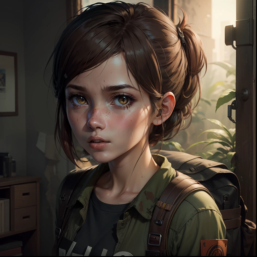 uma foto em preto e branco de uma menina com um olhar vingativo, fundo preto e branco, menina fugindo de zumbis, Ellie (last of us), Ellie, the Last of Us, arte digital de videogame, Art not Guweiz style, Luscious ) In The Last of Us, Wojtek FUS, arte do retrato do personagem, last of us, retrato da arte do personagem, Iconic character of high detail, Pintura Digital HD