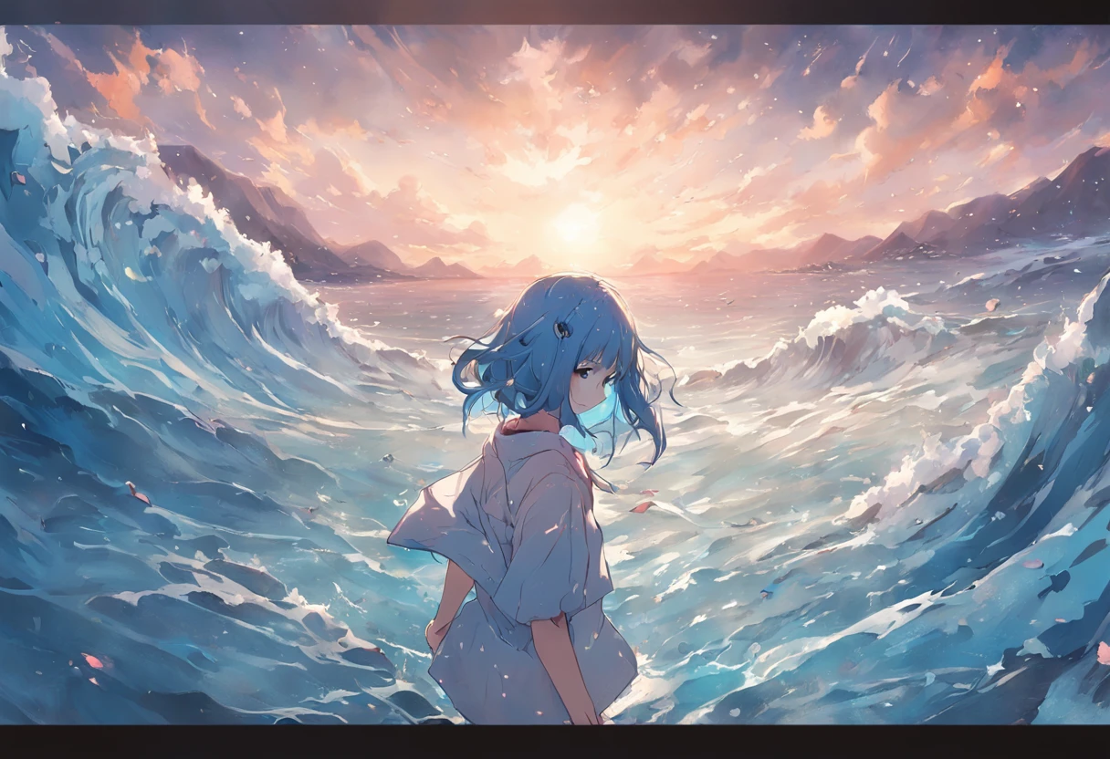 Blue ocean、beuaty girl,take up close,white clothes,Color saturation,Realistic details。