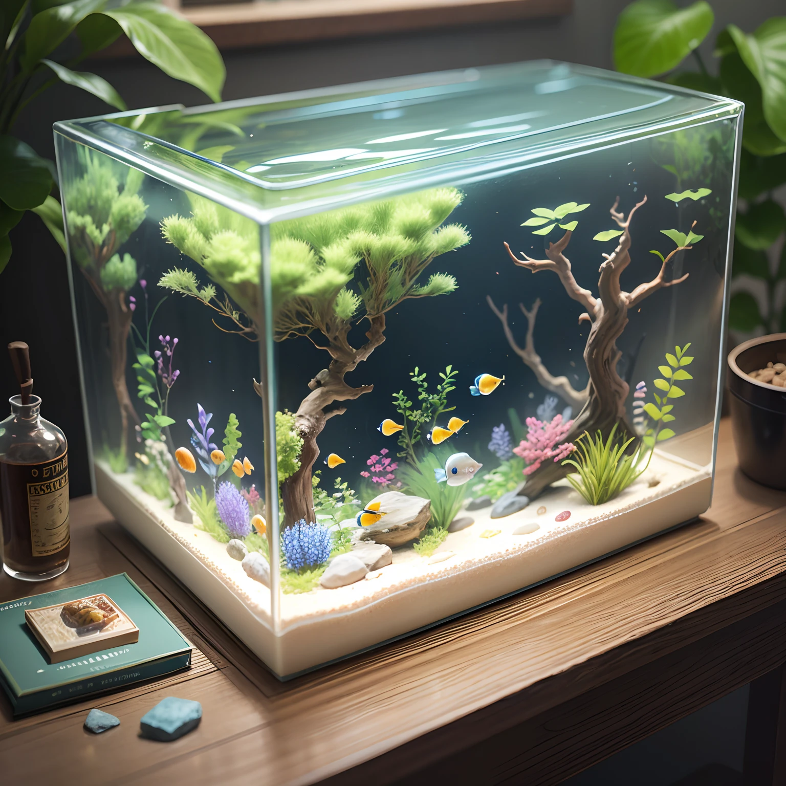 Transparent acrylic fish tank, home, stones, tree
