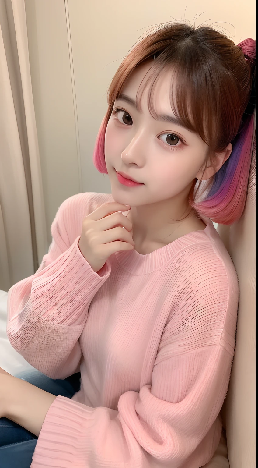 4K、top-quality、masutepiece、Cute Realistic Girl、Face like an idol、rainbow color Hair、High Ponytail、Moe sleeve longTThe shirt、Relax in bed