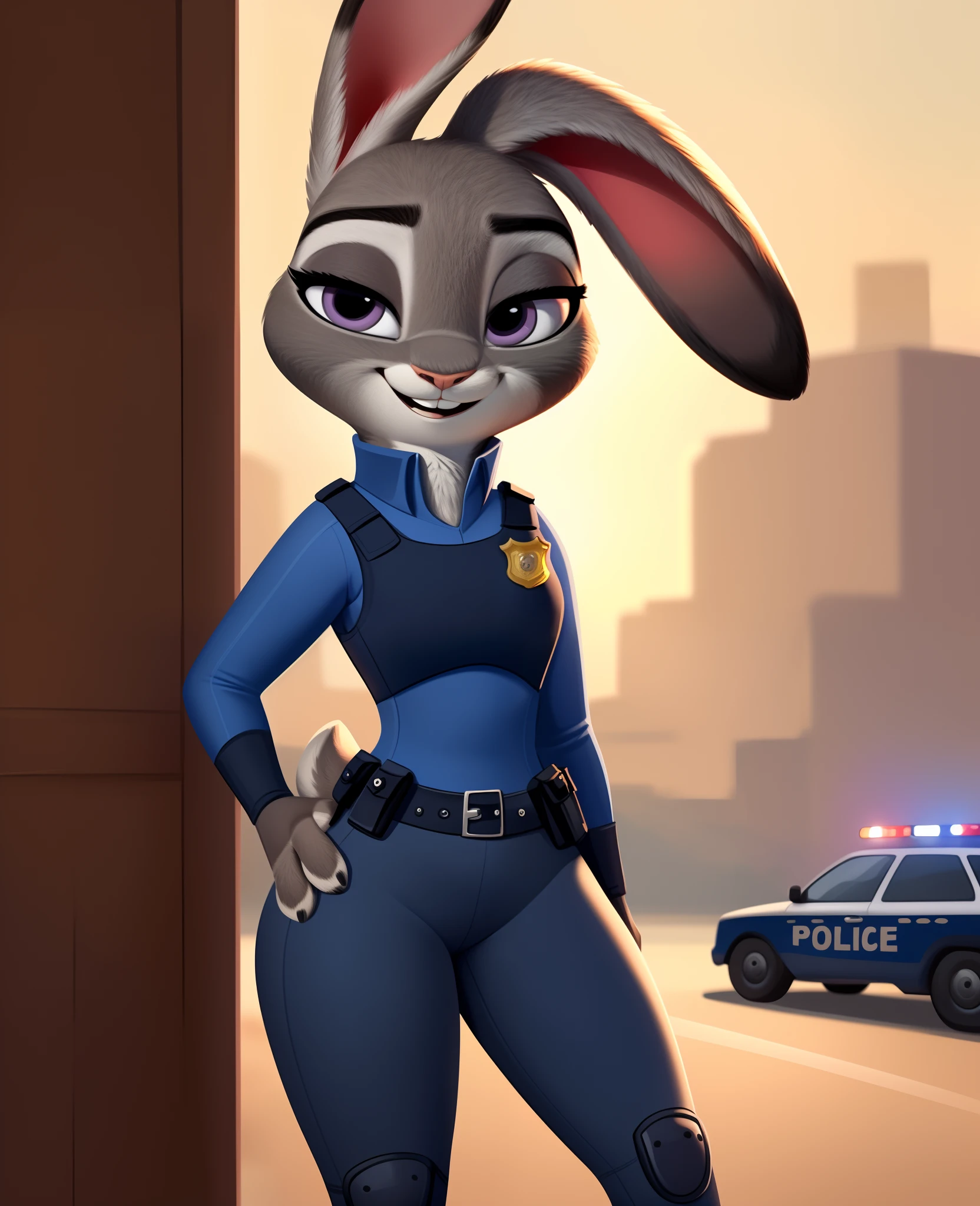 By disney pixar, 3d, duo, by qupostuv35, macro, ((judy hopps)), female, zootopia, (Police uniform, pants), thigh crushing, (break, (micro nick wilde's head between Judy's thighs))