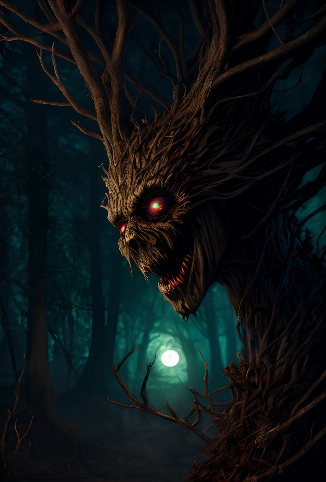 A closeup of a scary-looking tree with a full moon in the background, Vecna de Stranger Things, arte colorida assustadora em 4K, arte de terror 4k detalhada, Mas, monstro de fantasia hiper realista, numa floresta feita de pesadelos, criatura assustadora, arte de fantasia de terror, Arte digital escura, mas detalhada, sinistro altamMase detalhado, treebeard, arte de terror de fantasia