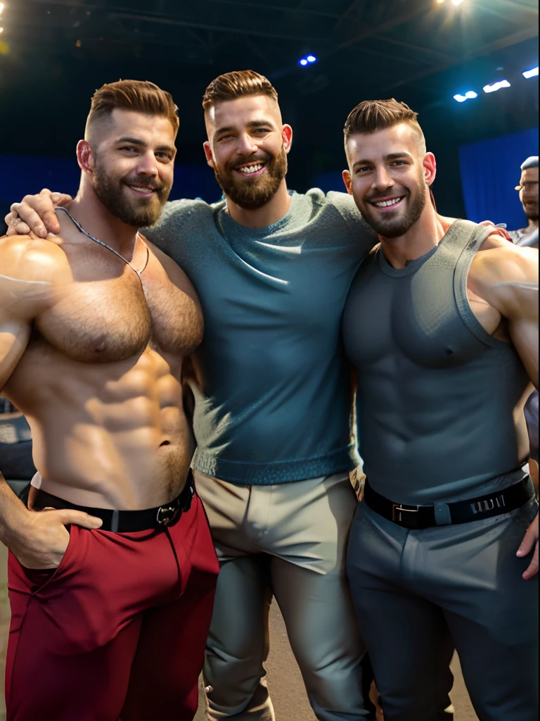 Alternative future, three handsome muscular Scandnavian soldiers on vacation, 50 years, hairy bodies, alpha males, bulk huge biceps, baseball pants, sunny stadium, snuggle together, threesome, sexy smile, 4k, high detailed, handsome, dark age, art by Stanley artgerm, by Daniel f gerhartz, by pino daeni, highly detailed, sharp focus.