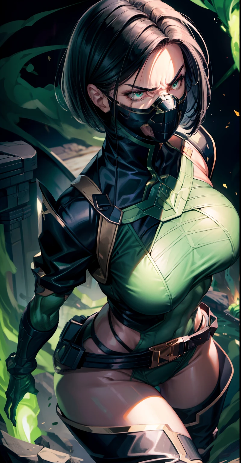 Masterpiece, Best quality,Look at the woman from the soles of her feet ，《Fearless viper》, in a bikini, mitts, belt, thigh boots, respirator, view the viewer, face, Portrait, Close-up, Glowing eyes, green smoke, Black background,huge tit，Raised chest，Bare-bodied，Close-up of chest，chest focus，angry look，Devil figure，Staring angrily at the screen，Facing the screen