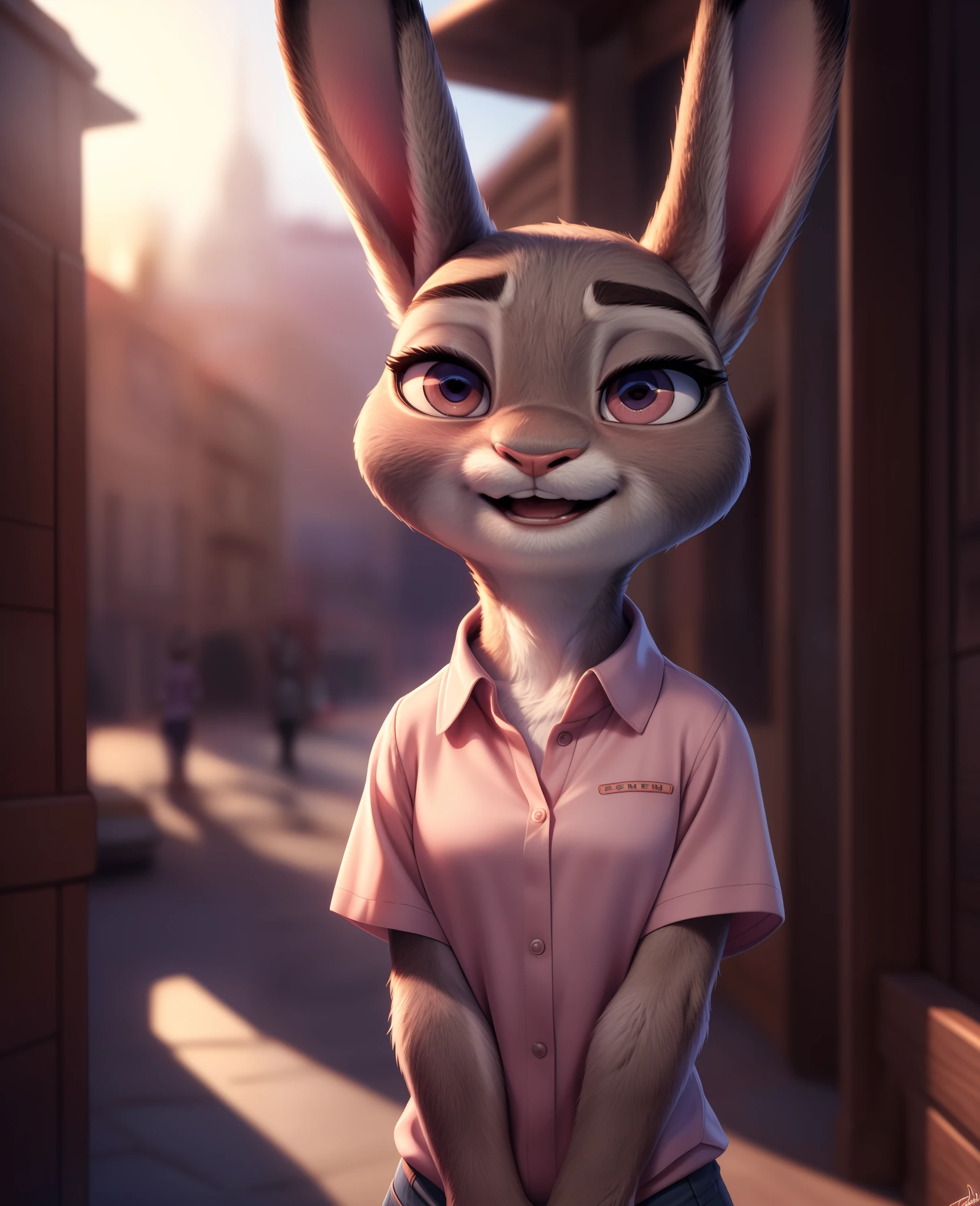 (uploaded on e621,8k, RAW photo,high resolution,high quality), ((masterpiece)), female, ((slim judy hopps)), (wear shirt and bottomless), (front view), (tail) (cinematic lighting), backlighting, (shaded), detailed background, by dagasi, (by personalami), [by Ruan Jia],,  photorealistic, hyperrealistic,