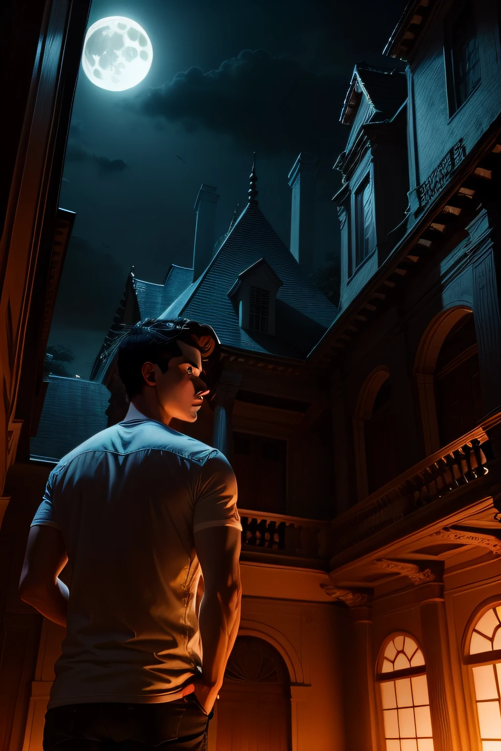 Um jovem chamado David, um entusiasta do paranormal, decided to explore the mansion during a full moon night