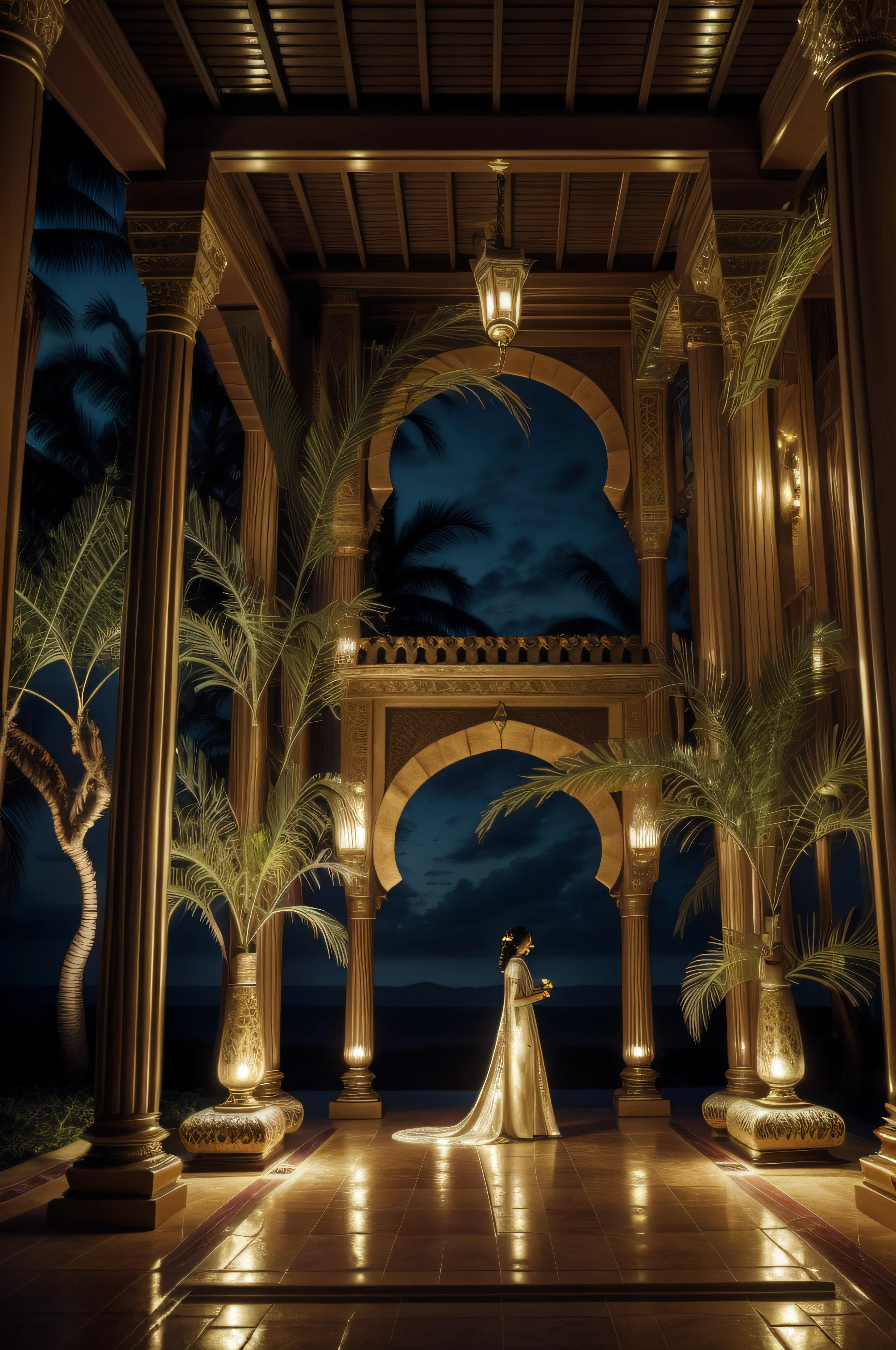 a woman is dressed up with lights in two different parts of the room, in the style of orientalist landscapes, dreamlike architecture, mark keathley, photo taken with provia, romantic illustration, guo pei, majestic romanticism