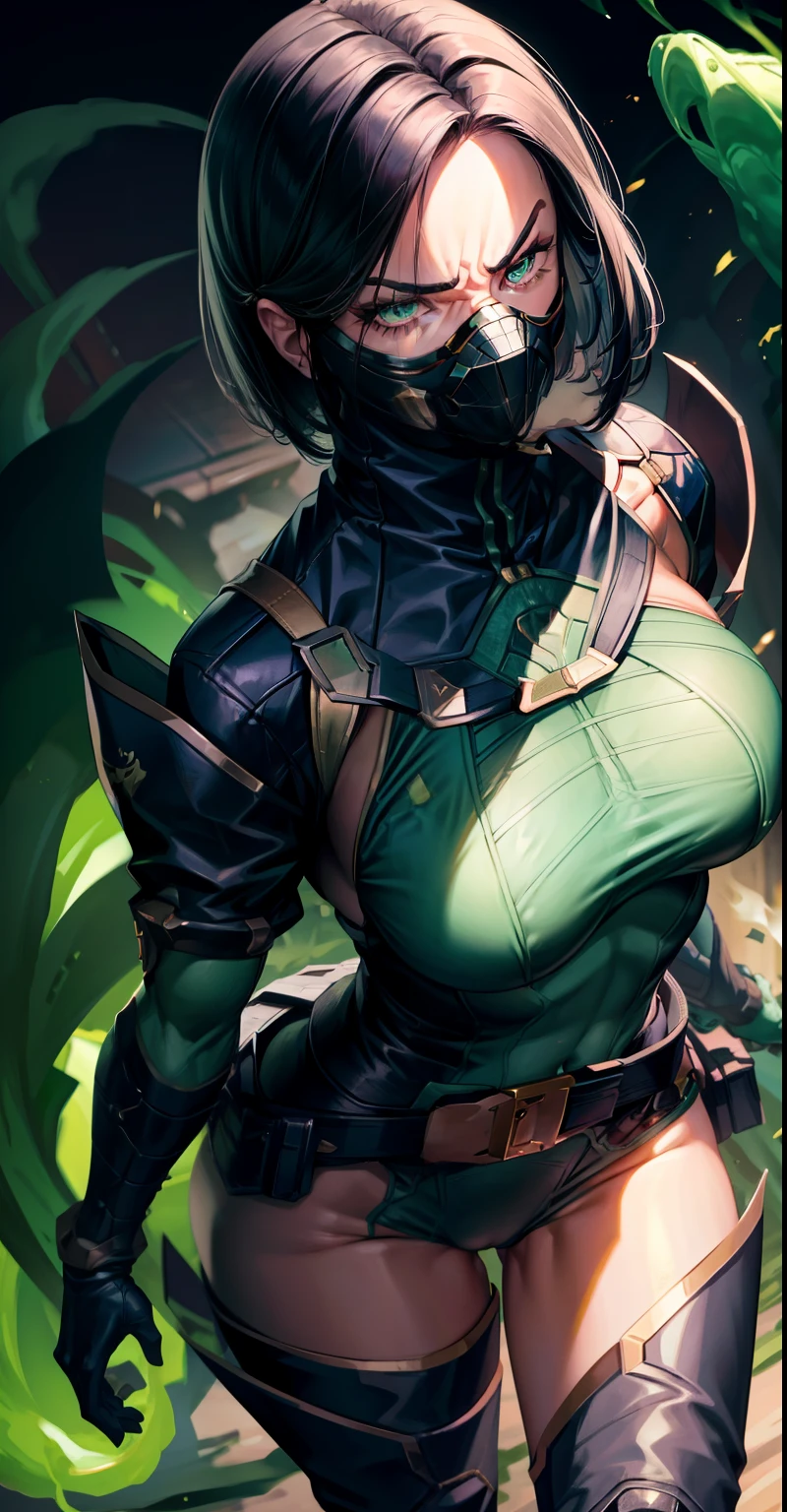 Masterpiece, Best quality,Look at the woman from below ,《Fearless viper》, tightsuit, mitts, belt, thigh boots, respirator, view the viewer, face, Portrait, Close-up, Red-faced,Glowing eyes, green smoke, Black background,huge tit,Raised chest,Close-up of chest,oversized boobs,chest focus,Woman in a swimsuit,angry look,Extremely erotic figure,Staring angrily at the screen,Facing the screen,High-gloss dark style