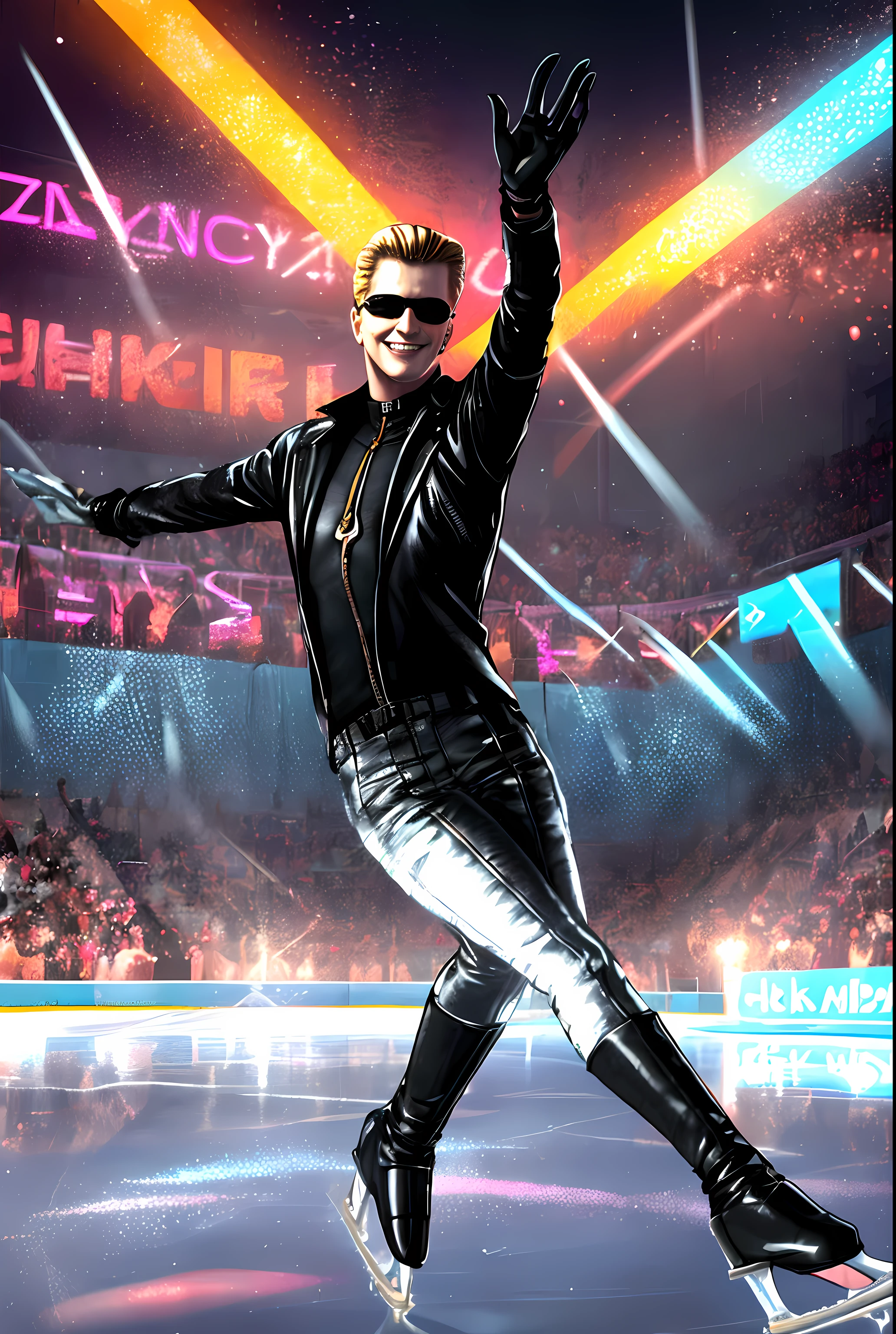 Wesker, ice skating, vibrant ice skating rink, flashing lights in the background, wearing black figure skating outfit, open , chest visible, grinning, blonde hair slicked back, middle aged man, black sunglasses, sharp focus, highest resolution