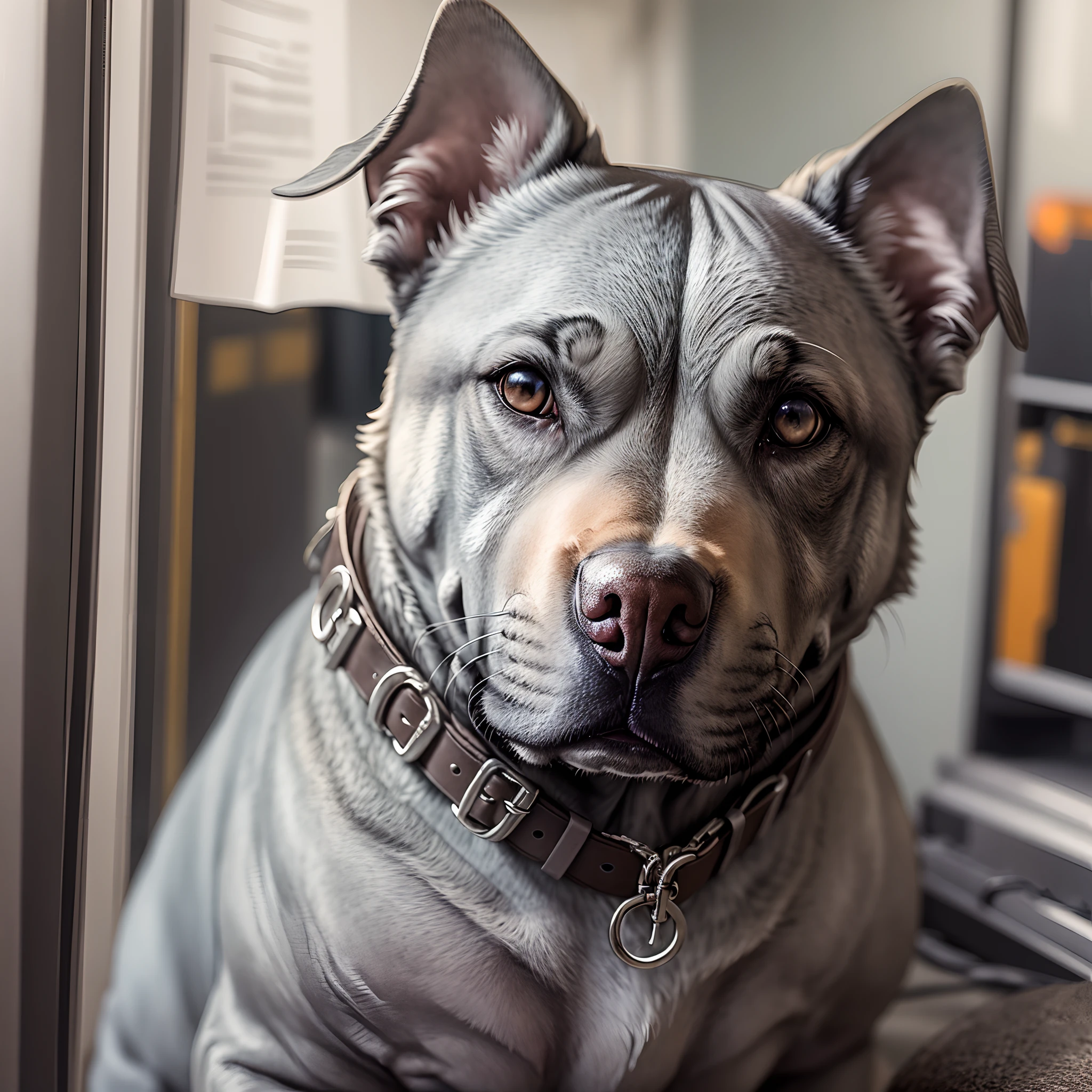 gray pitbull with ear cropped in jacket --auto --s2
