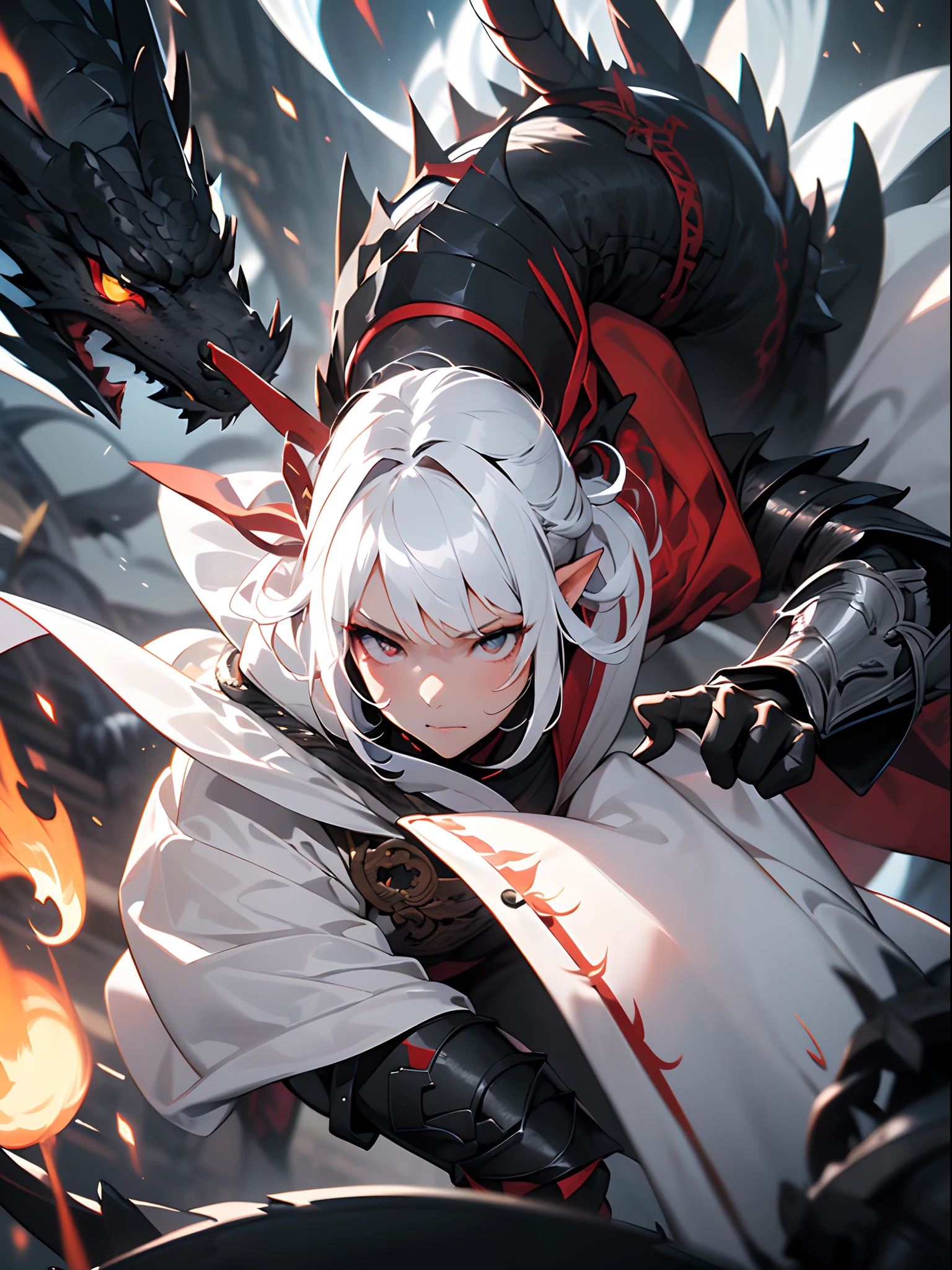 (jpn)),((Best Quality)),((Beautifully painted)),((hight resolution)),1girl in,Beautiful Elven Daughter,((onmyouji)),((suikan)),((White cloak with red decoration)),Luminescent bushy silver-haired ponytail,Shining eyes,(((black gauntlet and glove))),nice hand, Perfect hands,((Quick movement)),(((Fight a black and giant dragon in the streets of a blazing night metropolis))),((Flying flames)),armor,(face forcus),(((motion blur))),(((dynamic angle))),((cinematic lighting))