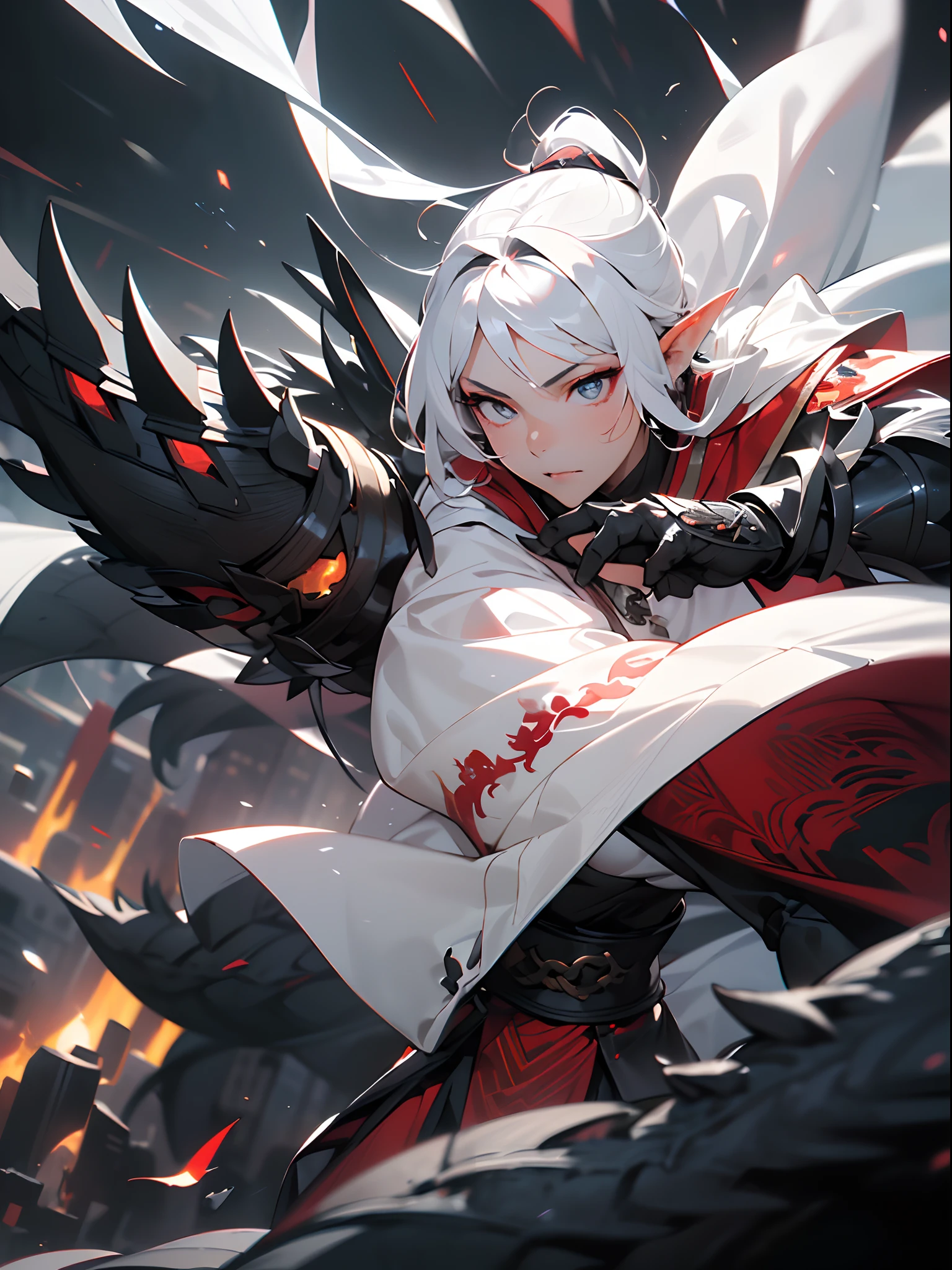 (jpn)),((Best Quality)),((Beautifully painted)),((hight resolution)),1girl in,Beautiful Elven Daughter,((onmyouji)),((suikan)),((White cloak with red decoration)),Luminescent bushy silver-haired ponytail,Shining eyes,(((black gauntlet and glove))),nice hand, Perfect hands,((Quick movement)),(((Fight a black and giant dragon in the streets of a blazing night metropolis))),((Flying flames)),armor,(face forcus),(((motion blur))),(((dynamic angle))),((cinematic lighting))