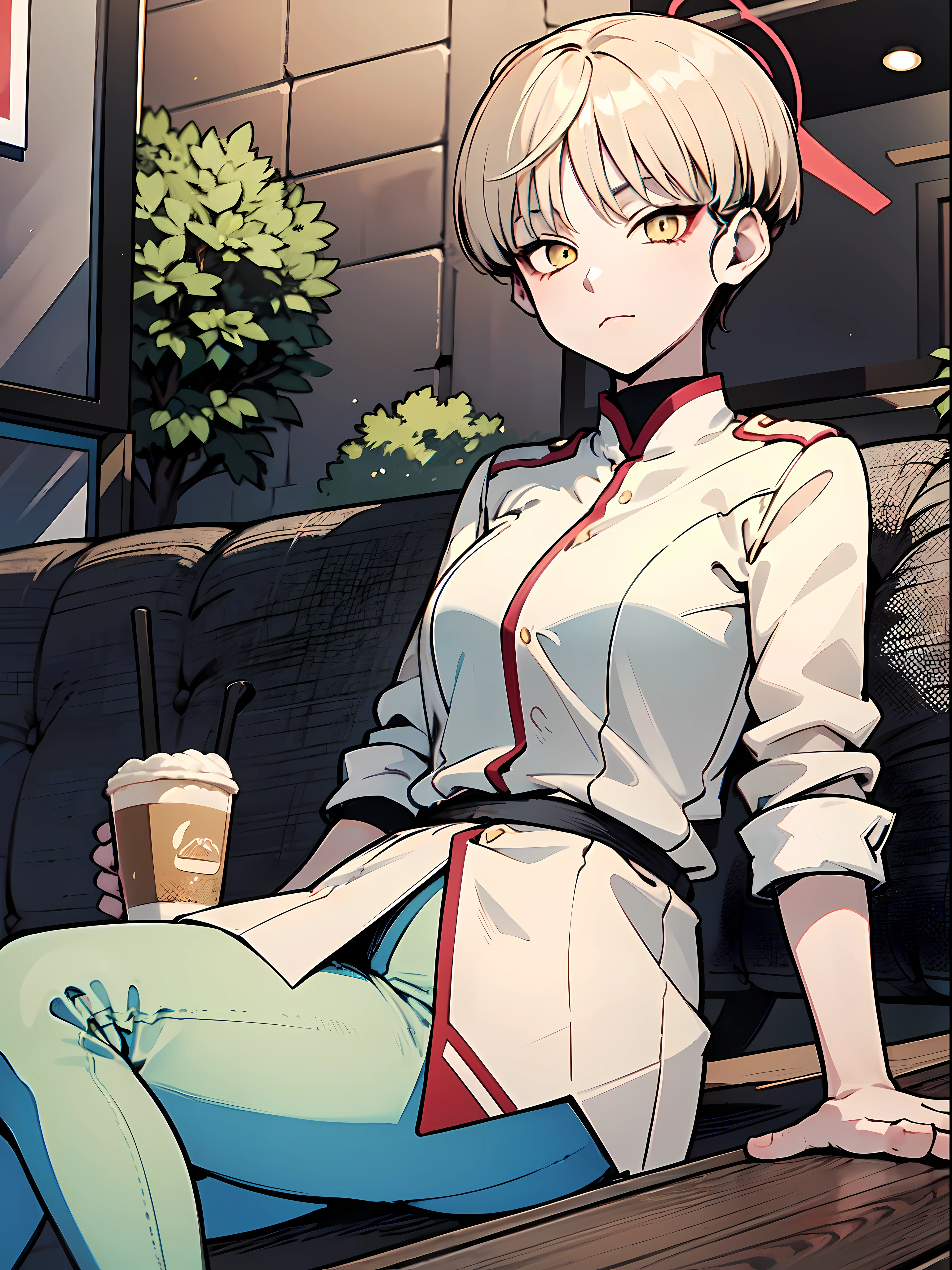 (masterpiece:1.2), (pale skin:1.2), (8k:1.2), (solo:1.2), (female:1.1), (emphasis lines:1.3), yellow eyes, white hair, short hair, (sleeves rolled up:1.4), shirt, outdoors, (sitting in a cafe:1.3), closed mouth