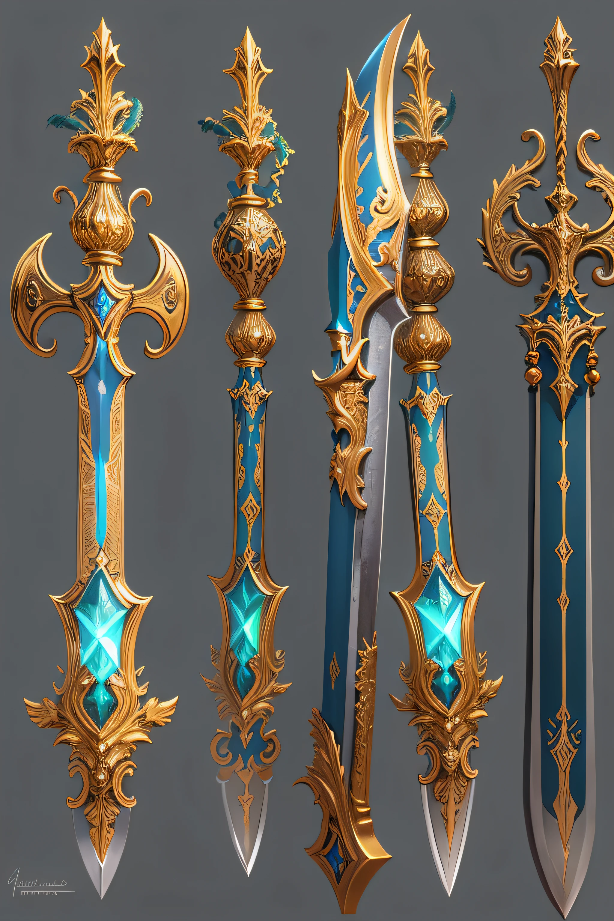 The legendary sword Excalibur stuck in an ornate stone, golden hilt inlaid with bright gems, waiting for the true king Items and gear listed on the side