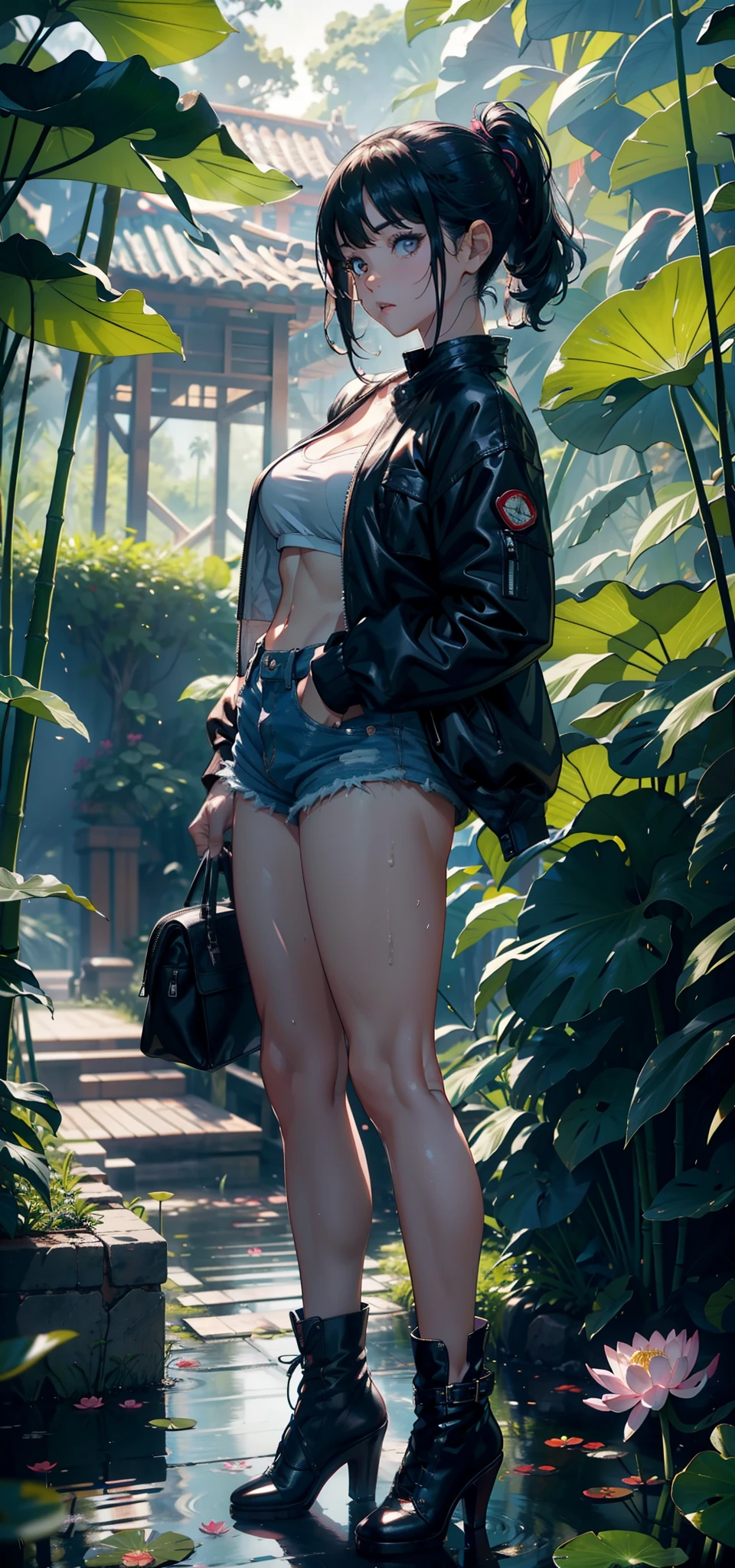 1female，3 ，bit girl，Small loli，huge-breasted，Pornographic exposure， 独奏，（Background with：bamboo forrest，lotuses，lotus flower，exteriors，Lotus pond） She has short black hair，Qi bangs，Doll head，standing on your feet，Sweat profusely，drenched all over the body，seen from the front， hair straight， mostly cloudy sky，（（（tmasterpiece），（Very detailed CG unity 8K wallpaper），best qualtiy，cinmatic lighting，detailed back ground，beatiful detailed eyes，Bright pupils，Black eyes，（Very fine and beautiful），（Beautiful and detailed eye description），ultra - detailed，tmasterpiece，）），facing at camera，A high resolution，ultra - detailed），revealing breasts，Bare genitalia，  Bulge，legs are open，Raised sexy，Camel toes，Flushed complexion，Open-mouthed，frontage，elementaromber jacket，Slave girl collar，Denim panties，Black leather boots，nakeness）Full body photo，Show shoes