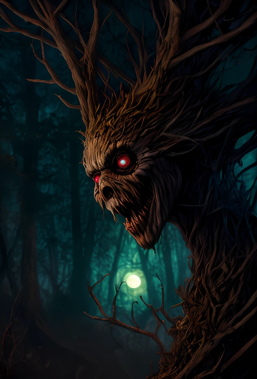 A closeup of a scary-looking tree with a full moon in the background, Vecna de Stranger Things, arte colorida assustadora em 4K, arte de terror 4k detalhada, Mas, monstro de fantasia hiper realista, numa floresta feita de pesadelos, criatura assustadora, arte de fantasia de terror, Arte digital escura, mas detalhada, sinistro altamMase detalhado, treebeard, arte de terror de fantasia