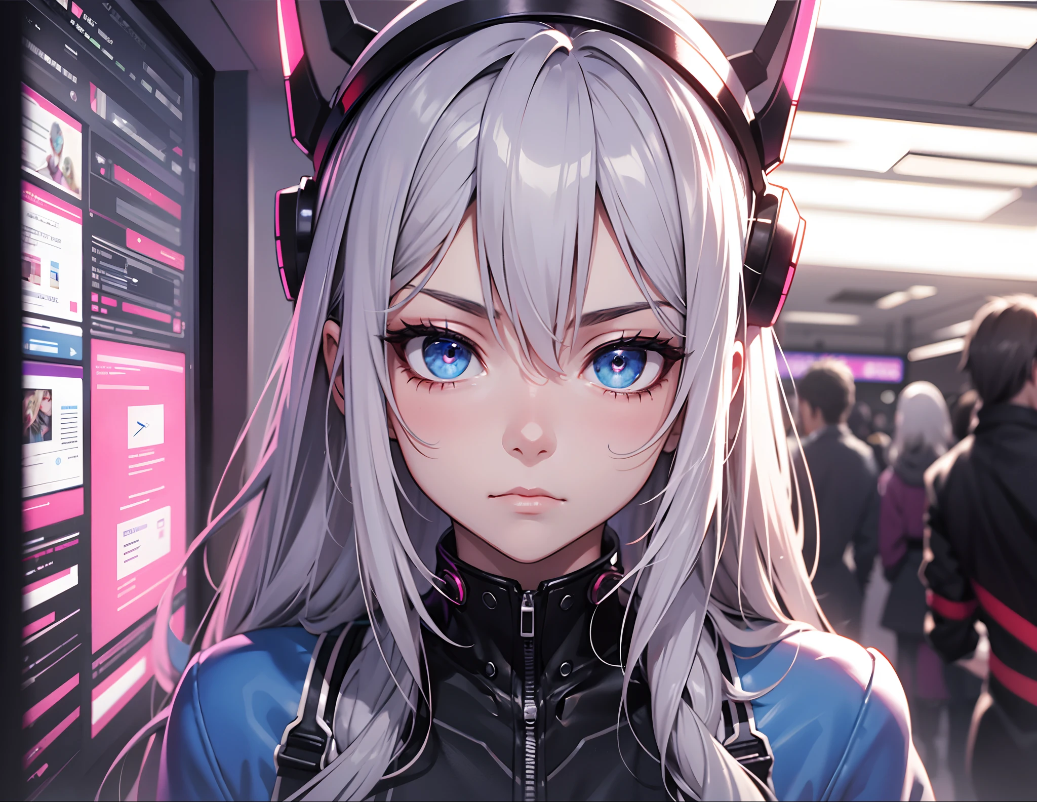 Absurd resolution, High resolution, (masutepiece: 1.4), Hyper-detailing, Silver-haired young woman in suit,Red shades of the eyes、eyes have a purple tint、blushing cheeks、Sad look, Blue Neon、Being in the blue cyber digital space