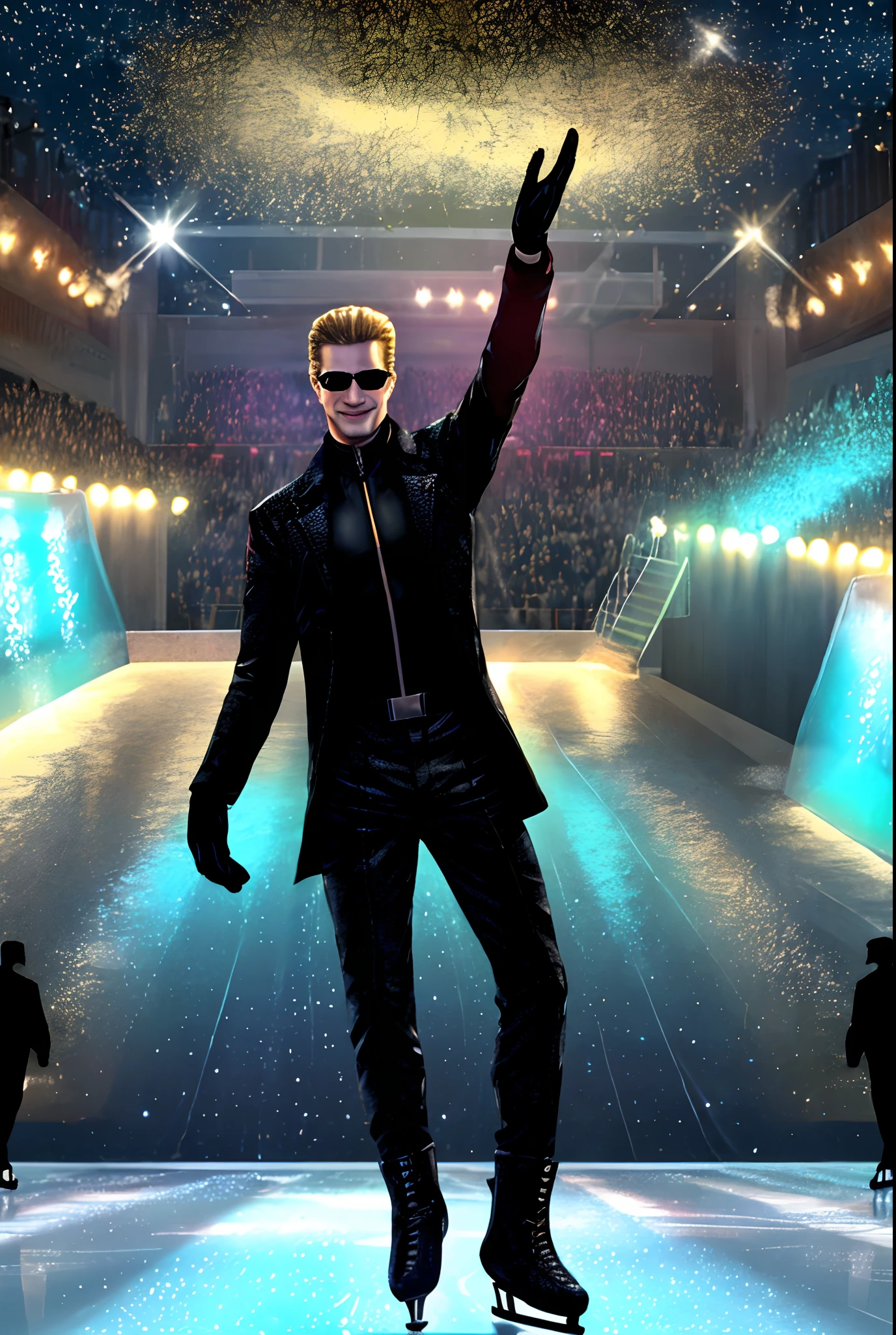 Wesker, ice skating, vibrant ice skating rink, flashing lights in the background, wearing black figure skating outfit, open , chest visible, grinning, blonde hair slicked back, middle aged man, black sunglasses, sharp focus, highest resolution