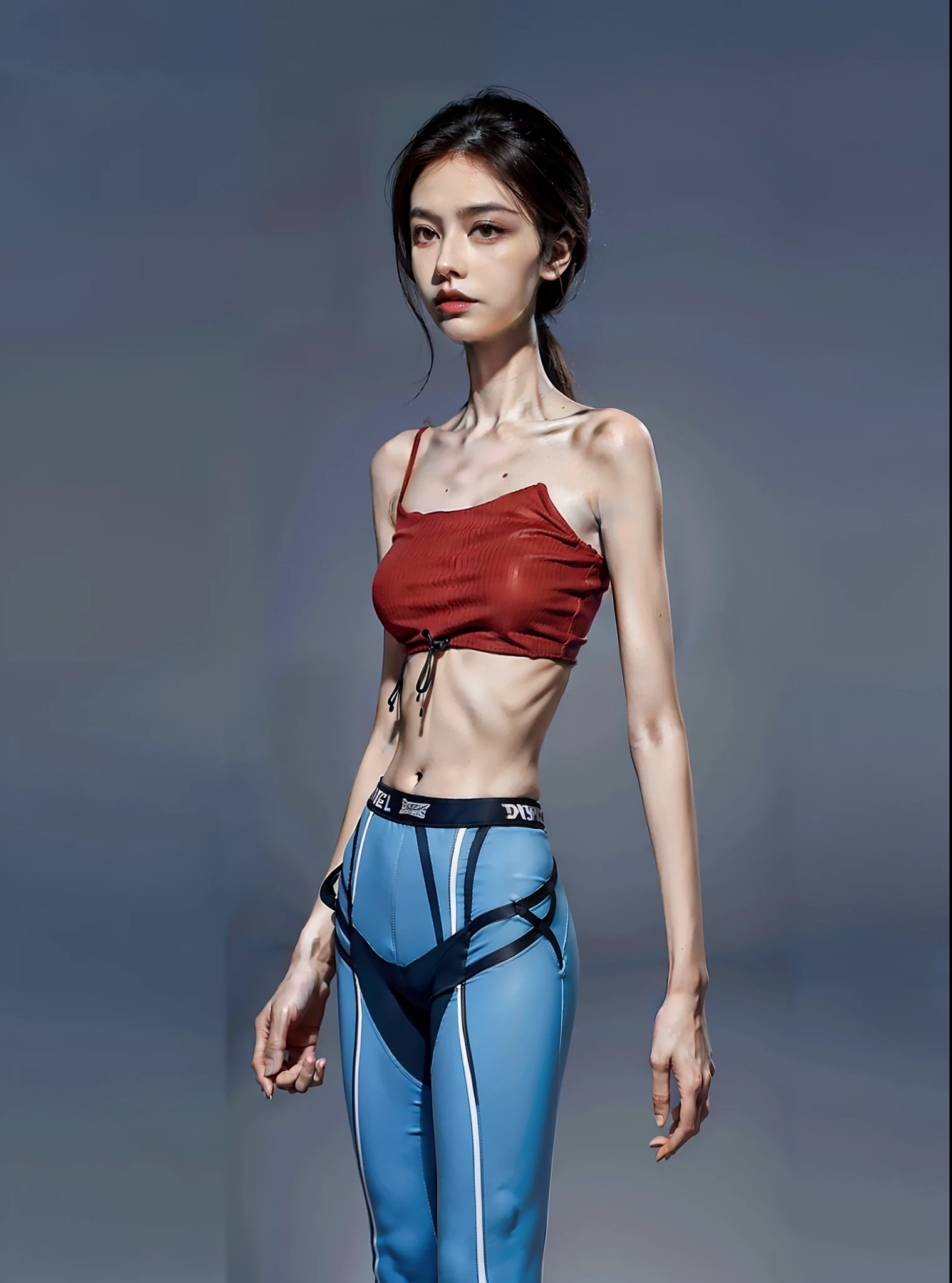 flatchest，femele，hunger，pelvic bone，sternum，鎖骨，the ribs，big breasts thin waist，Thin leg，tightsuit，skinny pants，emaciated