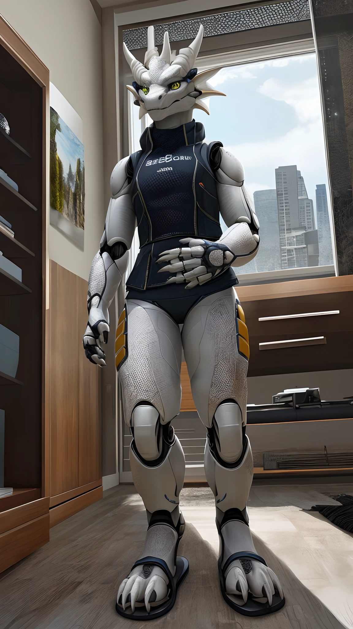 Bionic robot dragon,female,Gilet blanc,white panties,sandals,Install the controlled chip in the apartment,HD graphics,Detailed and realistic,high detal,high qulity,photo-realistic,photorealistic eye,Detailed paws,Clear eyes,Masterpiece artwork