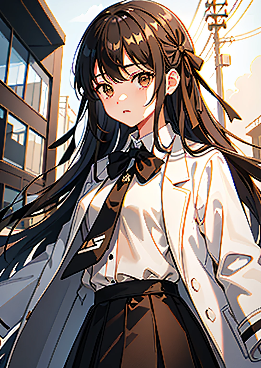 ((illustration:1.2)), ((best quality)), side lighting, trailroad crossings background, 1girl, black hair, light brown eyes, long hair, bangs hair, ((school uniform, white shirt, black skirt, brown wool coat, black ribbon tie:1.4)), relax expression, depth of field, wallpaper, landscape, behind view, walking