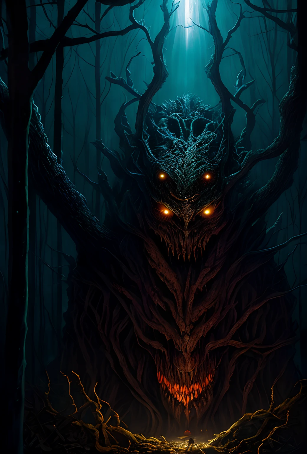 There is a big monster with glowing eyes in the forest, criatura sinistra escondendo detalhado, Dan Mumford Tom Bagshaw, Beksinski e Dan Mumford, Mas, Arte digital escura, mas detalhada, demonic creature, Directed by: Adam Marczyński, arte de terror de fantasia, nightmarish illustration, arte de fantasia sombria, arte de terror de fantasia sombria, dark fantasy illustration