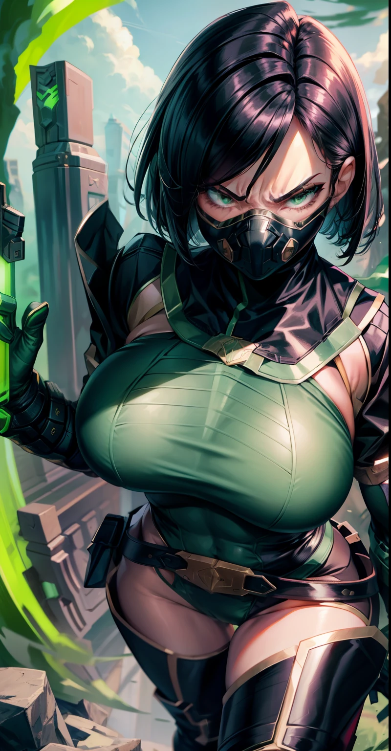 Masterpiece, Best quality,Look at the woman from the soles of her feet ，《Fearless viper》, in a bikini, mitts, belt, thigh boots, respirator, view the viewer, face, Portrait, Close-up, Glowing eyes, green smoke, Black background,huge tit，Raised chest，Bare-bodied，Close-up of the lower body，angry look，Devil figure，Staring angrily at the screen，Facing the screen