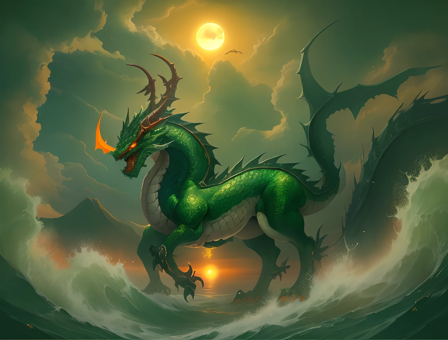 A dark green dragon with a long tail and tail is in the waves of the dark blue sea.....,In the sea there are waves.....,evening,Orange clouds,Orange Sun,evening, a dragon, Mythical Creatures, Mythical Creatures, Dragon Horned Curve!, anthropomorphic dragon, Chinese dragon, as an anthropomorphic dragon, Color painting, smooth chinese dragon, chinese dragon concept art, but as an anthropomorphic dragon, dragon art, Dragon with scars,Very sharp 8k body,Green flakes,Complex body;