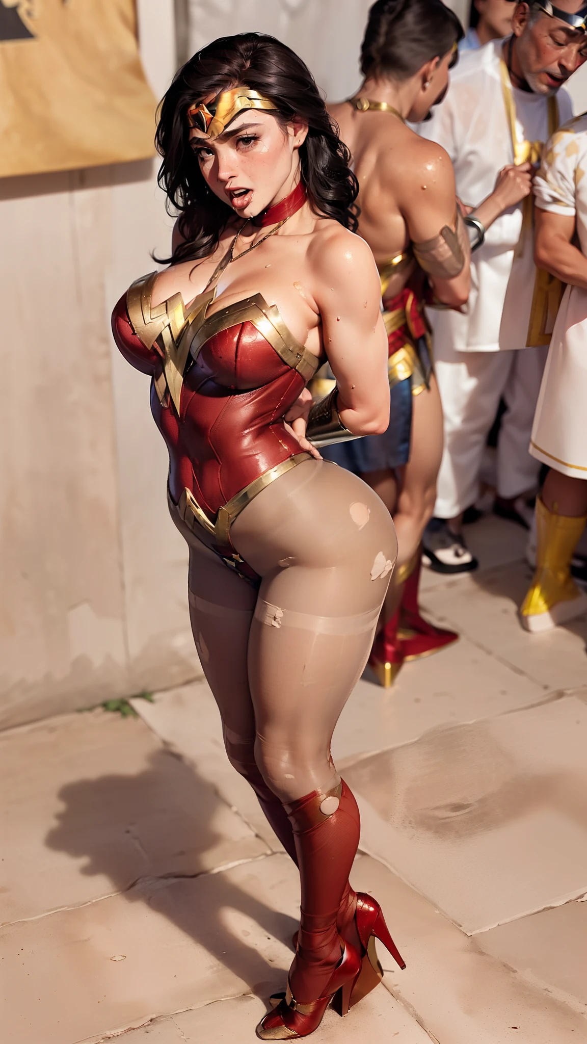 ((She is subdued by the cops. ((She is handcuffed by the thugs)), ((She is surrendered and groped by strong bandits)) (She's wearing stiletto high heels) ((Your blouse is tattered, Your mesh is tattered, his uniform is tattered, seu traje esta esfarrapado, your clothes are tattered, his pantyhose are shredded)). sem calcinha. no-bra. (( SUPERHEROINE WONDERWOMAN EXPOSTA NO MERCADO DE ESCRAVAS )) She's sweaty all over her body. She's screaming in terror, She's terrified, She's crying a lot. ela tem cabelos escuros, ela tem cabelos compridos. ((She's wearing red Fishnet Garter Belt socks.)) ((Wearing a thick metal necklace around the neck )) She screams and begs for mercy, Ela cai no choro. Wearing a thick metal necklace around the neck with a chain. ( your clothes are wet) (Seu suor escorre pelo corpo, Your body is shaking) (Your body is scratched, ela tem hematomas pelo corpo) (she's drooling, seus olhos revirados. Usando maquiagem pesada no rosto. (Your clothes are immoral, your clothes are indecent) Shibari, arms behind back:1.4), (hands on back), (obra-prima, melhor qualidade) 1.5, 1girl, sozinho, (sexy, mulher bonita, rosto perfeito, olhos perfeitos) , Samus Aran, vestido de couro preto, ajoelhada, corpo inteiro, (olhos azuis, cabelo loiro, cabelo longo), (Shibari, arms behind back:1.4), (hands on back)