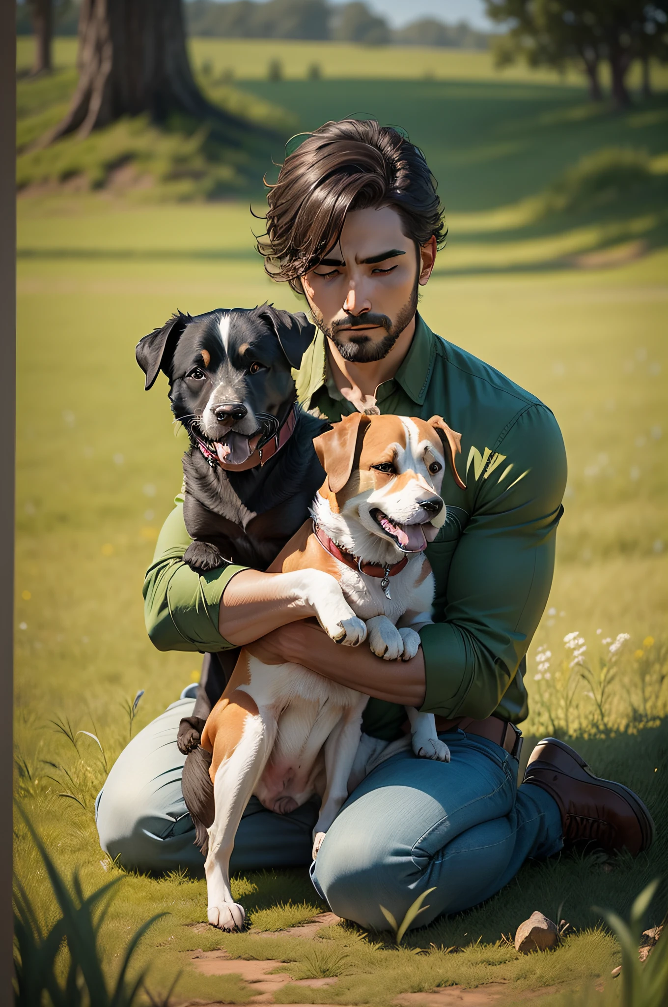a man kneeling down with two dogs in his lap, grass background