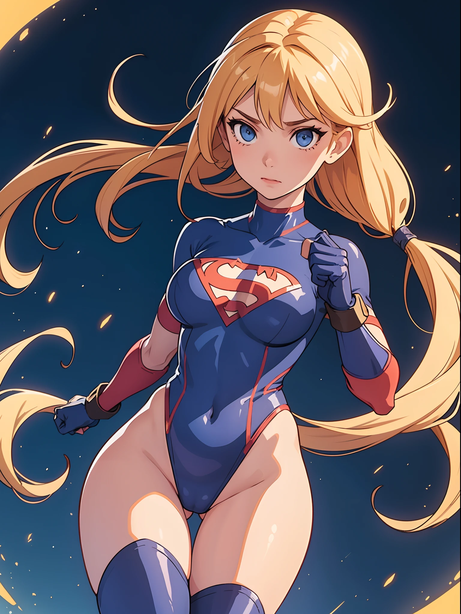 "Female superhero wearing a form-fitting leotard, showing off bare legs, adorned with boots and gloves, showcasing incredible powers."