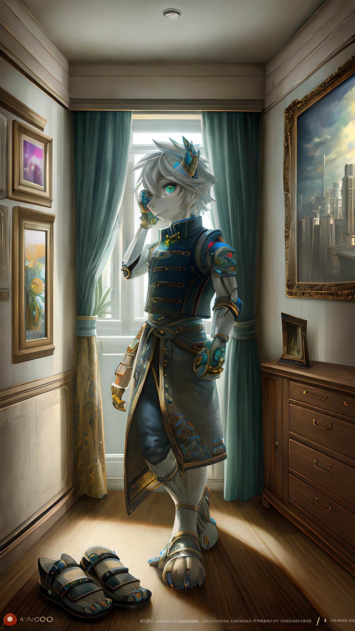 Bionic robot dragon,female,Gilet blanc,sandals,Install the controlled chip in the apartment,HD graphics,Detailed and realistic,high detal,high qulity,photo-realistic,photorealistic eye,Detailed paws,Clear eyes,Masterpiece artwork
