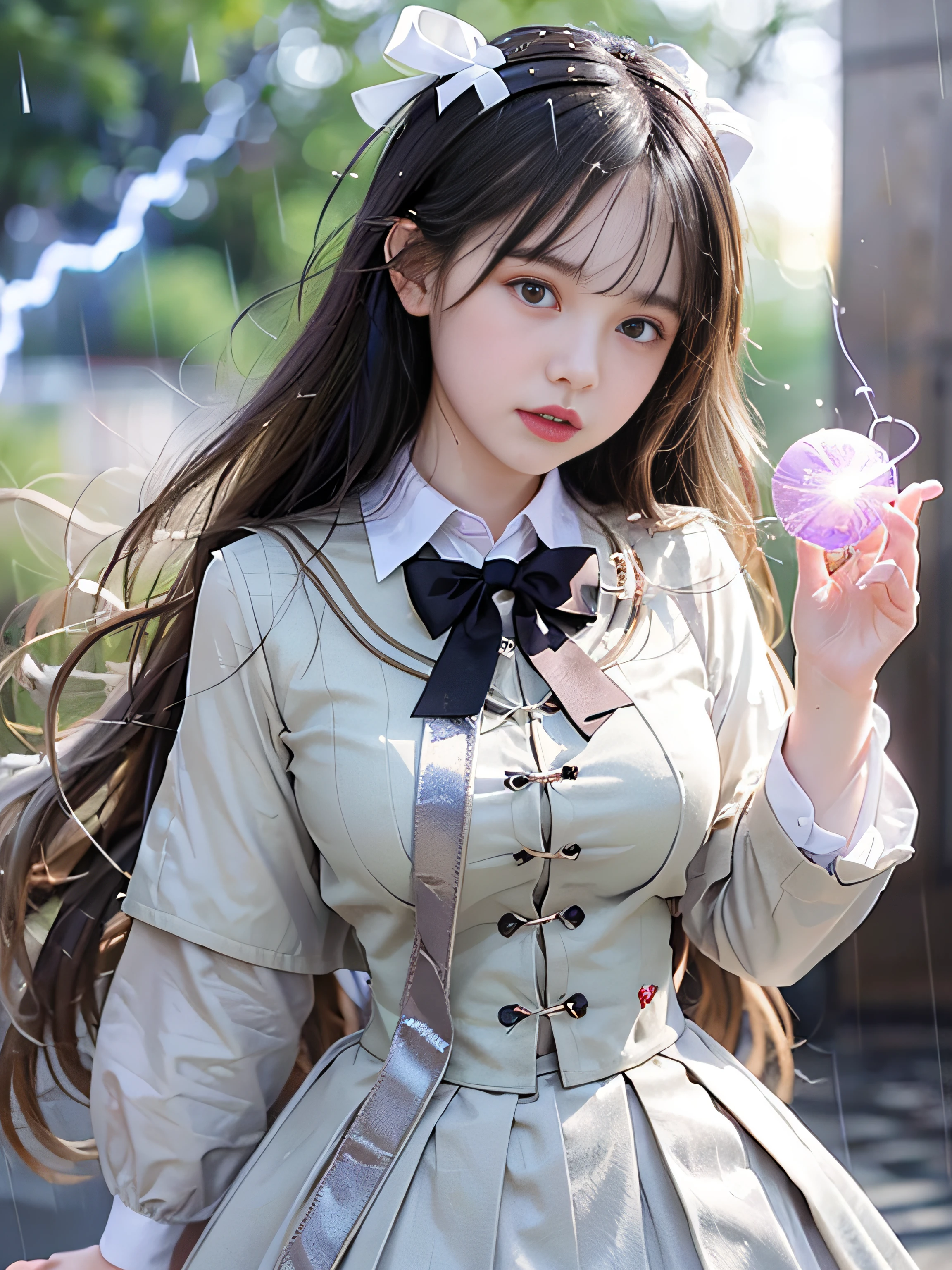 top-quality、​masterpiece、超A high resolution、(Photorealsitic:1.4)、Raw photo、Detailed CG image quality、cyberpunked、Beautiful fece、(1 Magical Girl)、sixteen years old, (Twin-tailed black hair:1.4), (White ribbon stopping hair), (Platinum Silver Accessories:1.4)、(White School Uniform:1.4)、(big breasts thin waist)、(Purple eyes:1.3), (radiant eyes), (Mystical powers:1.2), (Holding a white wizard wand:1.4), (A pale and fierce ball of light emanating from the wand:1.4). detailed portrait、8K picture quality、bright colour、concept-art、Cinematic and dramatic atmosphere、foco nítido、Volumetric lighting、Cinematographic lighting、Wearing studio quality、(Neon lighting)、depth of fields、Ambient lighting、Blurred foreground、blurry backround:1.3, (rainy evening:1.4), (Severe lightning strike:1.4),