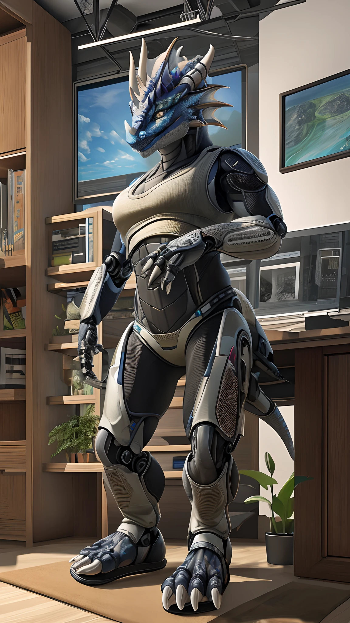 Bionic robot dragon,female,Gilet blanc,white panties,sandals,Install the controlled chip in the apartment,HD graphics,Detailed and realistic,high detal,high qulity,photo-realistic,photorealistic eye,Detailed paws,Clear eyes,Masterpiece artwork