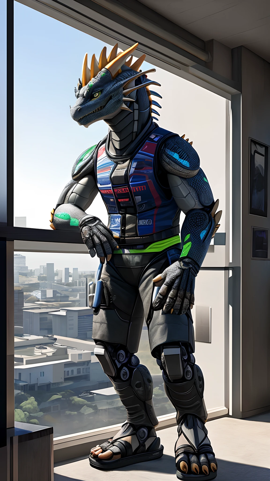 Bionic robot dragon，female，Gilet blanc，white  panties，sandals，Install the controlled chip in the apartment，HD graphics，Detailed and realistic，high detal，high qulity，photo-realistic，photorealistic eye，Detailed paws，Clear eyes，Masterpiece artwork
