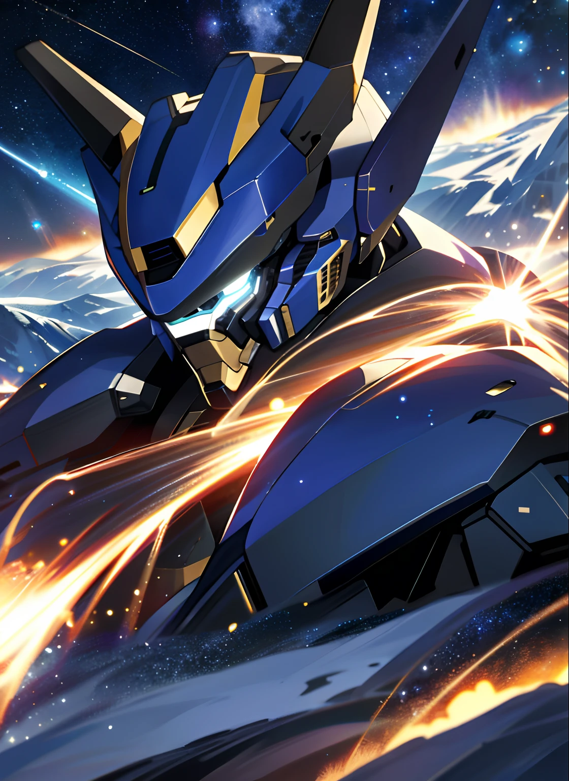 4K ultra-high resolution, ultra clear details，Starry night in the night，There is a part of the mountains，2 humanoid mechs to fight